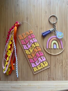 Handmade READ Acrylic Bookmark and Rainbow Keychain Set